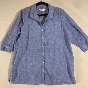 Foxcroft Easy Care Linen Tunic Top Sz 14W‎ Blue Button Up 3/4 Sleeve Minimalist